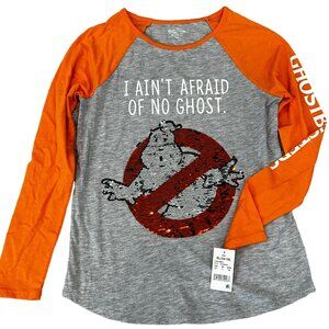 Ghostbusters Hybrid Apparel XL Long Sleeve Raglan Sequin Orange Gray Shirt NWT